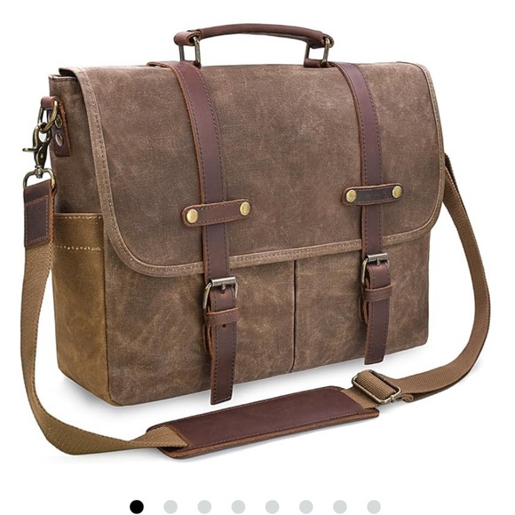 Newhey Messenger Briefcase Leather Waved  Canvas  Large 15.6" Brown - Picture 5 of 16